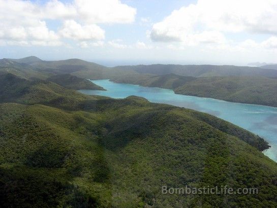 View of the islands in the Great Barrier Reef from a helicopter.