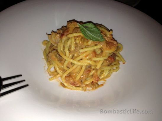 Bigoli – hand cranked dug egg pasta with duck ragu, mascarpone and basil  at Buca in Toronto.