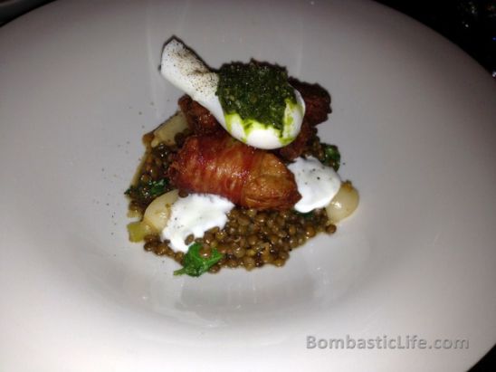 Animelle – prosciutto wrapped crisp sweetbreads, pantelleria lentils with guanciale (unsmoked Italian bacon) and poached duck egg, finished with margoram agliata and bufala sour cream  at Buca in To