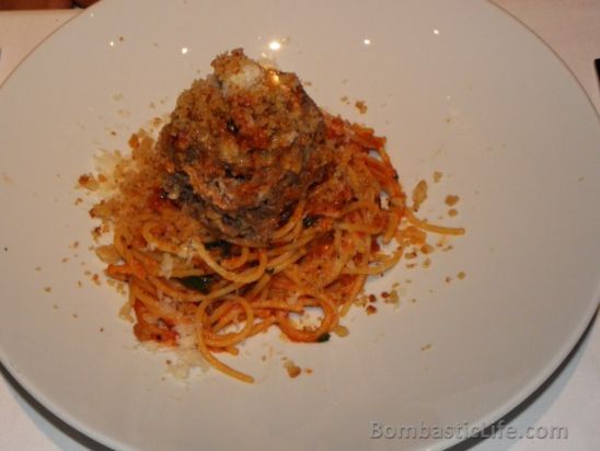 Spaghetti served with Sicilian meatball, marinara, and parmesan at One Restaurant at the Hazelton Hotel in Toronto