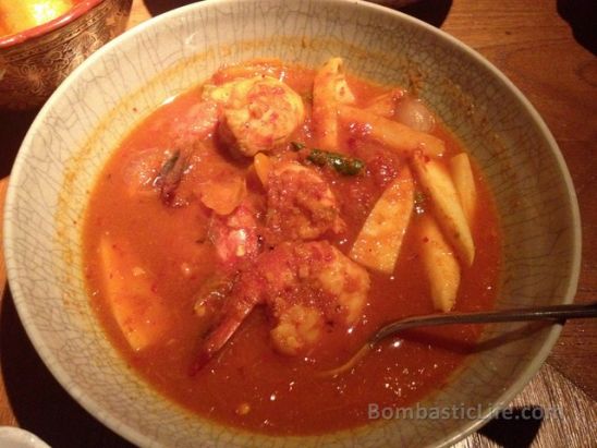 Yellow Curry of Tiger Prawns with heart of palm at Nahm Thai Restaurant in Bangkok