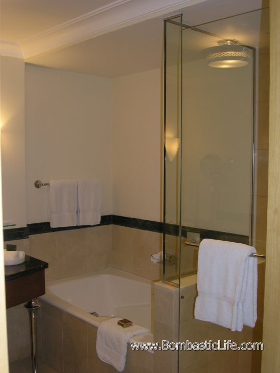 Bathroom of a guest room in the Four Seasons Hotel in Amman, Jordan - a five-star, luxury hotel in Jordan.