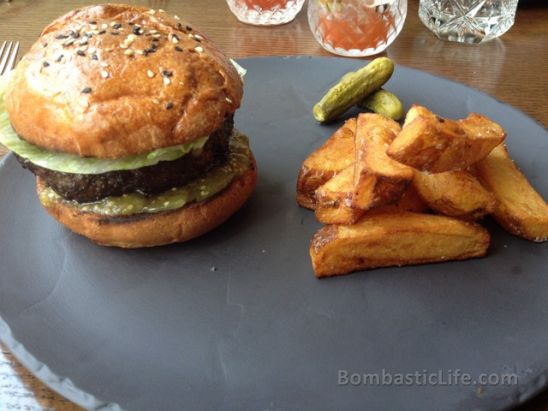 Weslodge Burger with Tomatillo Relish, Fontina, House Pickle and House Fries