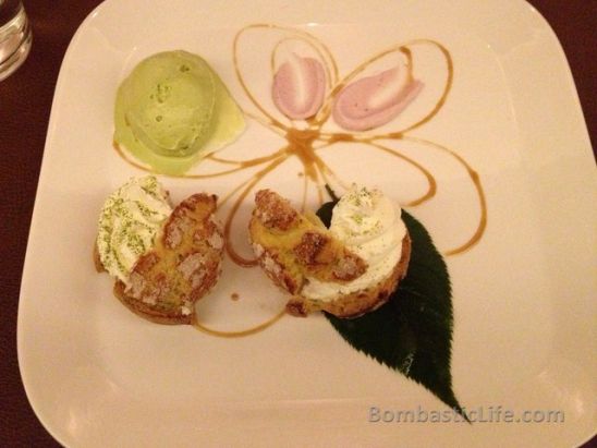 Sakura Puff, a cherry blossom puff pastry, read bean custard cream and green tea ice cream at JaBistro