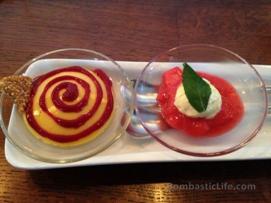 Mango Pannacotta and Strawberry and Rhubarb on a lemon curd at Bent Restaurant in Toronto