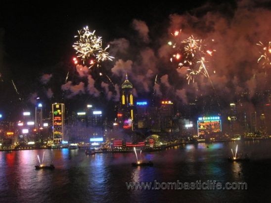 View of Fireworks from room during the 10 year anniversary celebration of the hand over of Hong Kong to China.