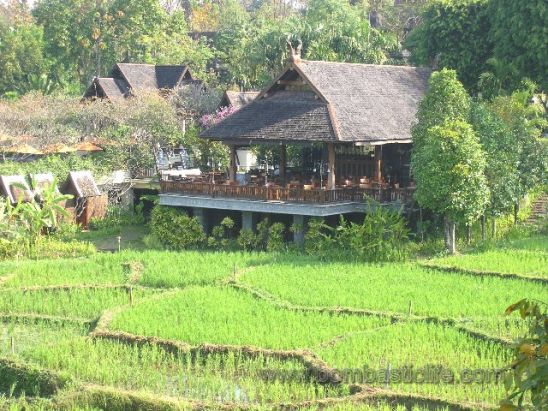 View of main restaurant from the covered Veranda of Rice Terrace View King Pavilion at  the Four Seasons Chiang Mai - Chiang Mai, Thailand