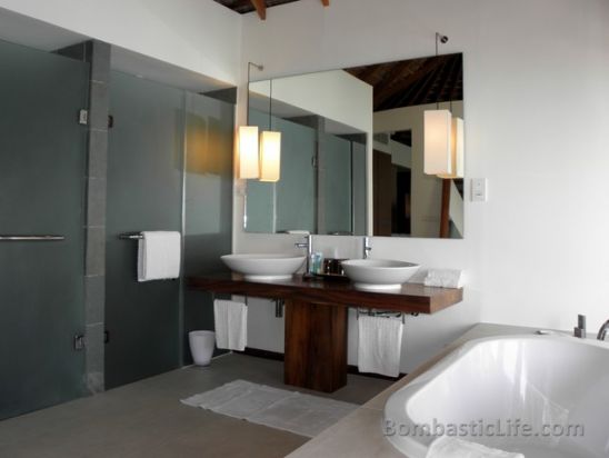 Bathroom of an over the water villas at W Hotel and Resort in the Maldives.