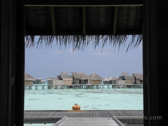 View out the front door of our Over the Water Villa at Soneva Gili by Six Senses in the Maldives.