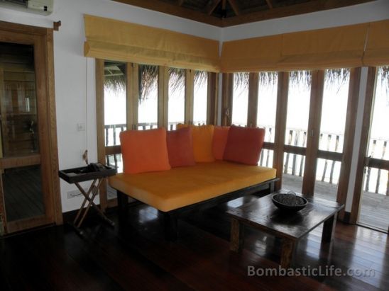 Living Room of a Crusoe Residence at Soneva Gili by Six Senses in the Maldives.