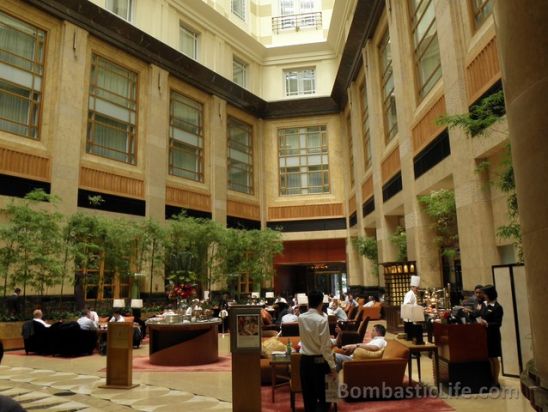 Lobby of the Fullerton Hotel in Singapore.