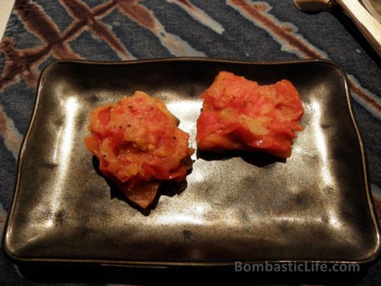 Salmon with hot tomato at Sushi of Gari 46 in New York. 