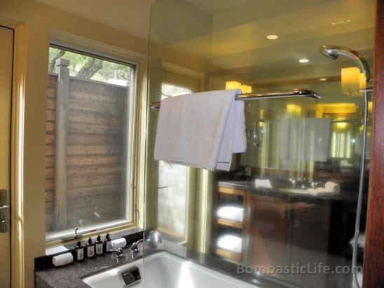 Master Bathroom of an Oak Creek Spa Lodge at Calistoga Ranch in Napa Valley. 