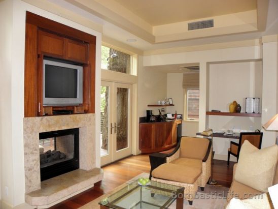 Living Room of an Oak Creek Spa Lodge at Calistoga Ranch in Napa Valley. 