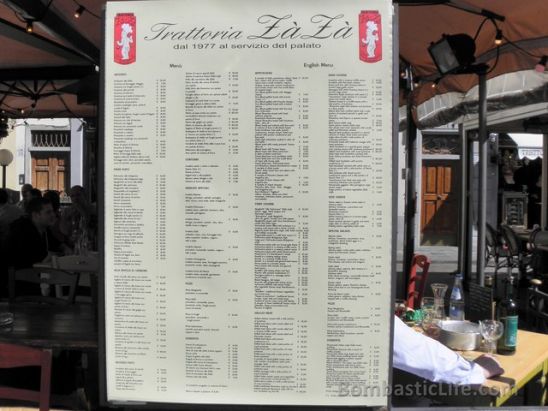 Picture of the menu outside at Za Za's in Florence. 