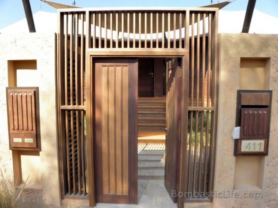 Entrance of an Al Sahari Tented Pool King Villa at Banyan Tree Al Wadi in Ras Al Khaimah.