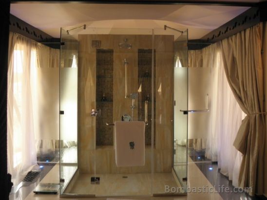 Shower in the Bathroom of an Al Sahari Tented Pool King Villa at Banyan Tree Al Wadi in Ras Al Khaimah.