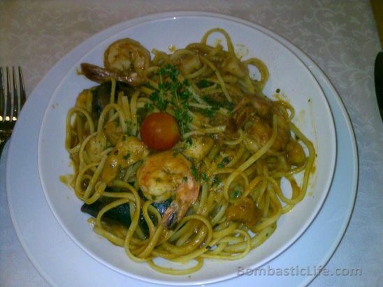 Seafood pasta with mussels and shrimp at Viaggio Italian Restaurant in Kuwait.