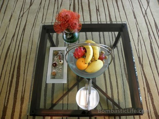A small fruit dish and plate of chocolates were waiting for us in our Orchard Suite at Marina Bay Sands Hotel in Singapore.