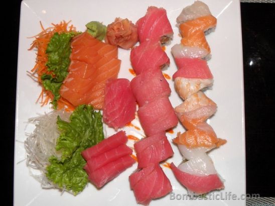 Tuna and Salmon Sashimi and Spicy Tuna Roll and Rainbow Roll at Haiku Japanese Restaurant at the Fairmont in Cairo. 