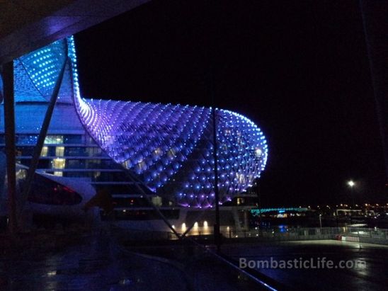 The stunning roof top lights of the Yas Hotel seen from Kazu Restaurant.