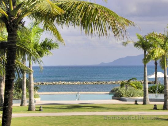 View to the pool and the bay at the luxury resort, Misibis Bay Resort in the Philippines.