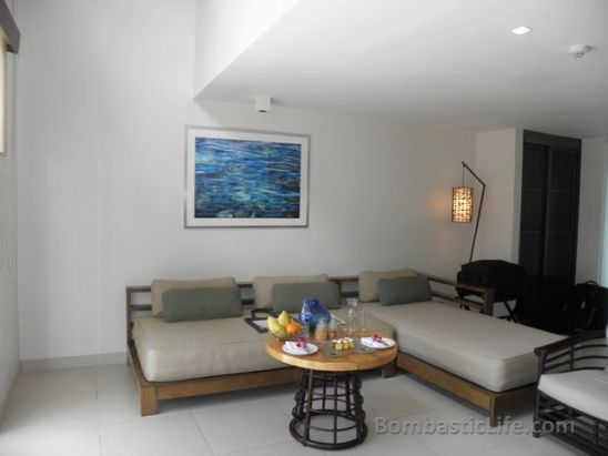 Living Room of a Premier One Bedroom Suite at Discovery Shores Resort in Boracay, Philippines.