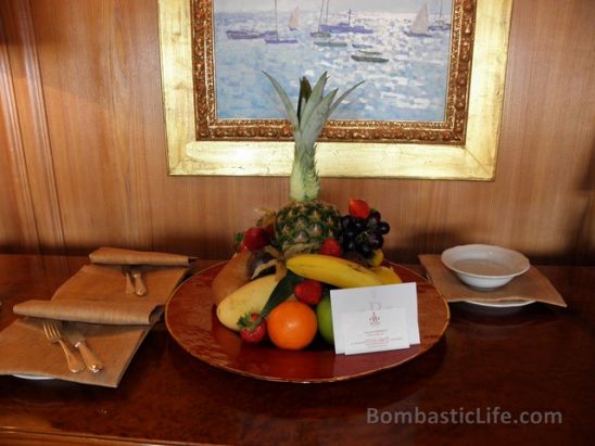 Fresh Fruit Tray waiting for us in our Living Room of a Executive-Suite-with-view at Bauer Il Palazzo in Venice, Italy.