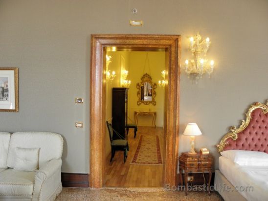 Entry of our Canal View Deluxe Suite at Ca Sagredo Hotel in Venice.