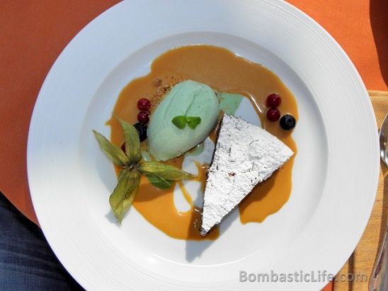 Chocolate cake with milk and mint ice cream at De Pisis Restaurant in Venice, Italy.