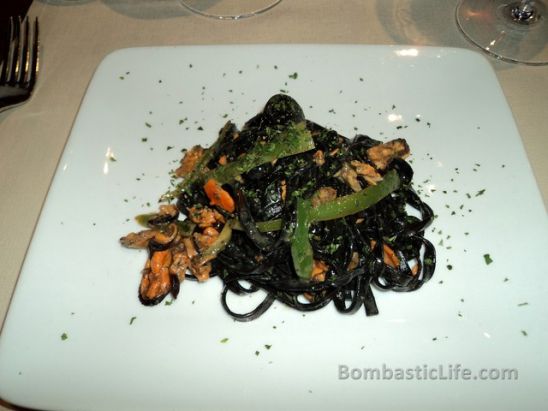 Black linguine with mussels and sweet peppers at Enoteca San Marco in Venice.