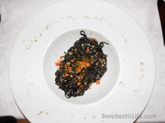 Black tagliolini with lobster sauce at Faiscetteria Toscana in Venice, Italy.