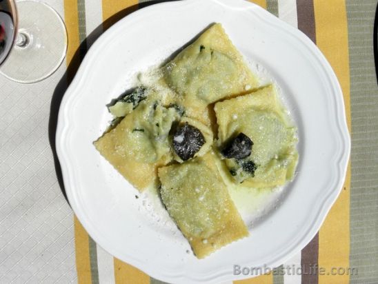 Hand-made ravioli with spinach and ricotta cheese at La Bottega in Tuscany.