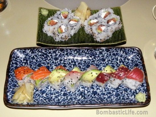 MaryAnn  and Rainbow rolls at Momo Yama Japanese Restaurant in Florence, Italy.