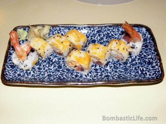 Our custom made roll with shrimp tempura, salmon and tuna at Momo Yama Japanese Restaurant in Florence, Italy.