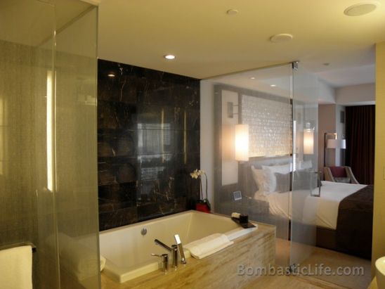 Bathroom of a Strip View Suite at the Mandarin Oriental Hotel in Las Vegas.