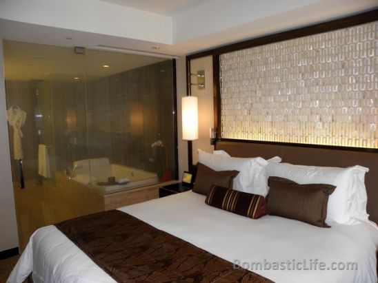 Bedroom of a Strip View Suite at the Mandarin Oriental Hotel in Las Vegas.