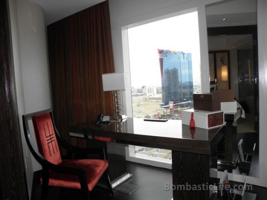 Work Desk of a Strip View Suite at the Mandarin Oriental Hotel in Las Vegas.