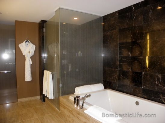 Bathroom of a Strip View Suite at the Mandarin Oriental Hotel in Las Vegas.