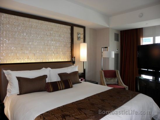 Bedroom of a Strip View Suite at the Mandarin Oriental Hotel in Las Vegas.