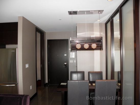 Dining Area and Entrance of our One Bedroom Penthouse Suite at Vdara in Las Vegas.  A half bath is located on the left of the door.