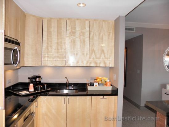 Kitchenette of our Wrap Around Suite at The Cosmo Hotel in Las Vegas.