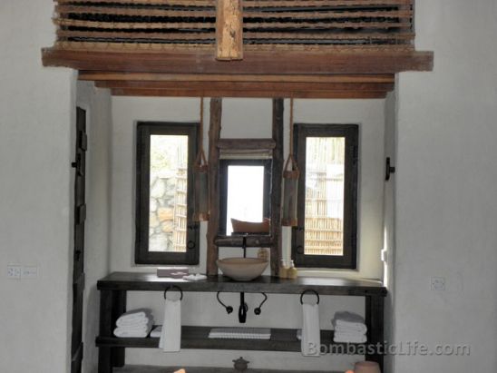 Bathroom off the Living Room of our Beach Front Pool Villa at Six Senses Zighy Bay in Oman.