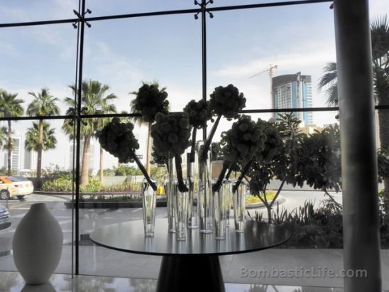 Flower arrangement in the lobby of Lobby of The Address Hotel Dubai.