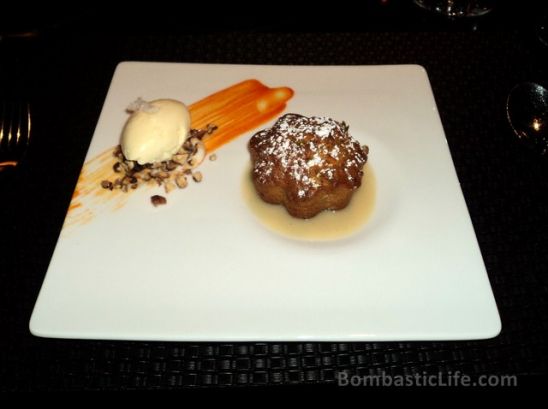 Warm Carrot Cake with Toasted Coconut Sauce, Candied Ginger and Cream Cheese Ice Cream at Sage Restaurant at Aria in Las Vegas. 