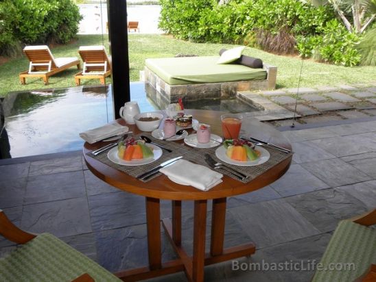 Dining table of our  Beach Villa at the Four Seasons Mauritius Resort.