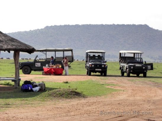 The AndBeyond safari jeeps waiting at the airstrip to take us to Bateleur Camp.