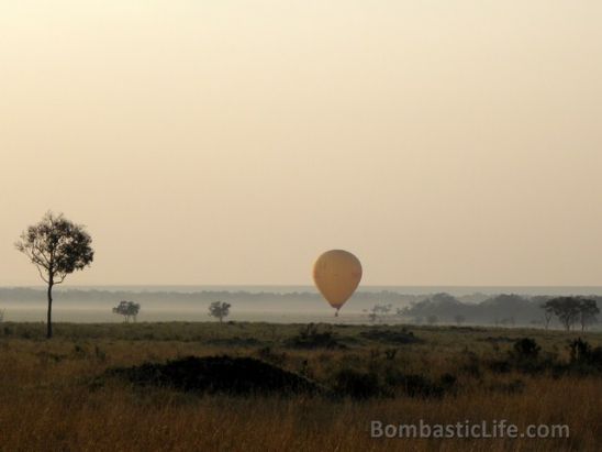 Hot air balloon as the sun rises over Masai Mara in Kenya.