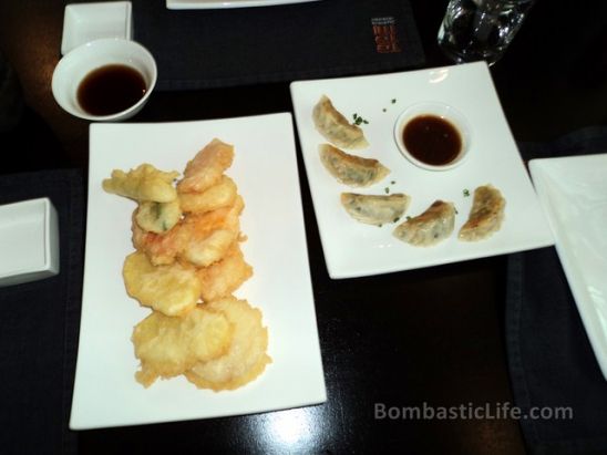 Yasai Tempura (vegetable tempura) and Ebi Gyoza, steamed and pan-seared handmade shrimp dumplings at Tatami. 