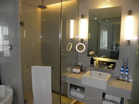 Bathroom of a Deluxe Room at Kempinski Grand Hotel in Bahrain.